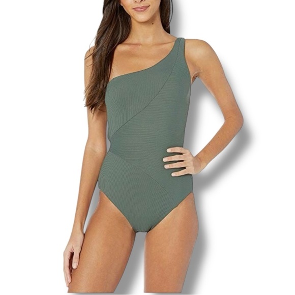 Becca Sage Green Fine Line One Shoulder One-Piece Swimsuit - Size Medium - Picture 1 of 12